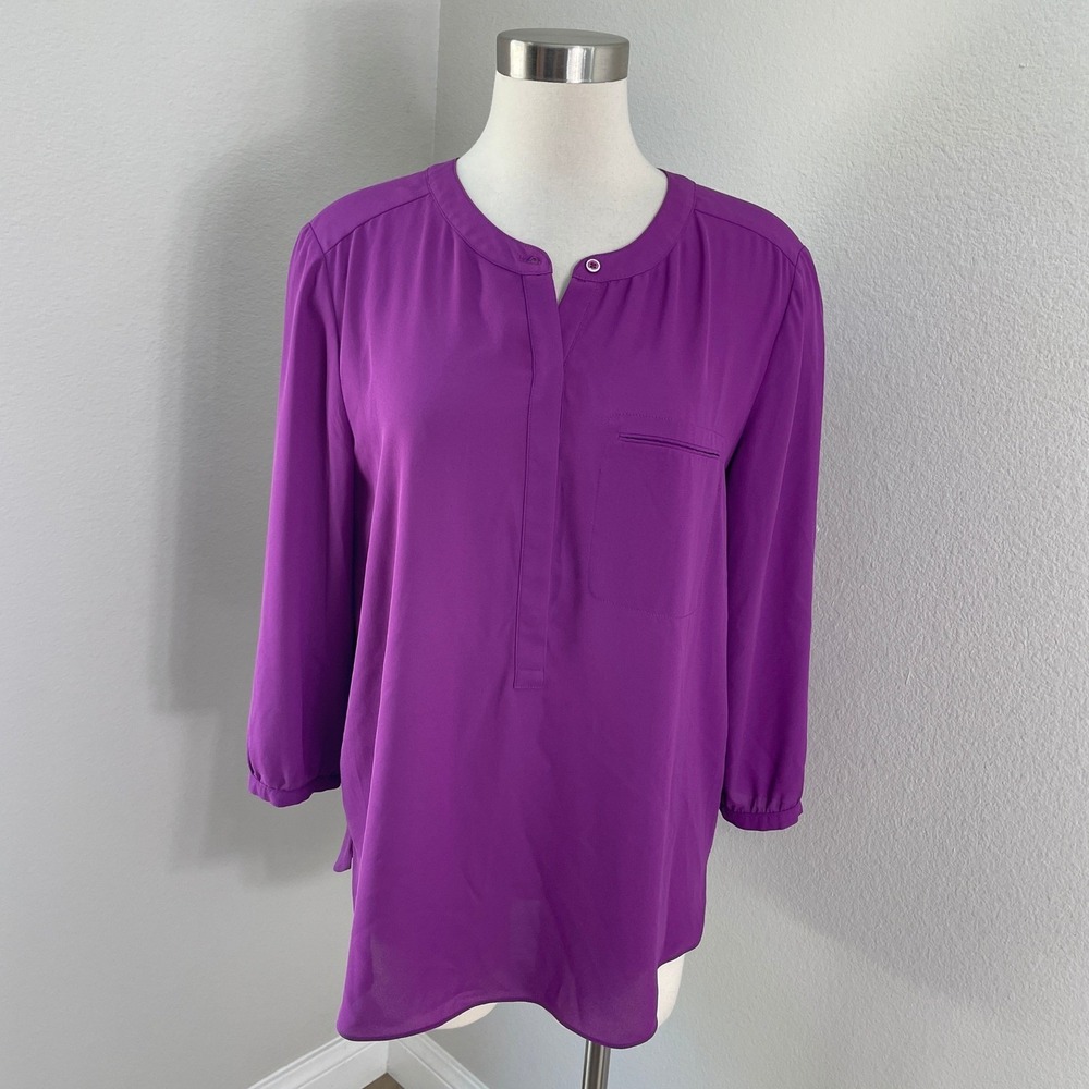 NYDJ Women Large Purple V Neck Blouse Pleated Back Magenta Top Long Sleeve